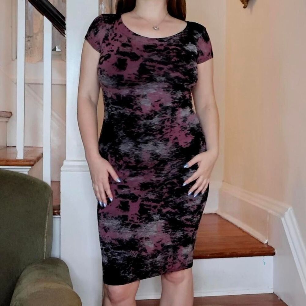 Burnout Slub Dress Soft Gray Black Purple S/M Knee Length Indie Sleaze Y2K